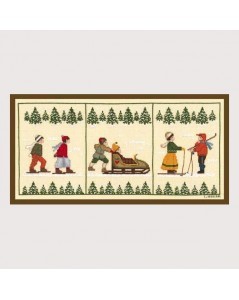 Triptych picture. Children skiers, skaters and on sledge. Cross stitch embroidery. Le Bonheur des Dames 1046