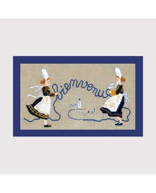 Bienvenue en Bretagne. Deux jeunes filles en tenues bretonnes - bigoudènes. Kit broderie Le Bonheur des Dames 1066 Bienvenue en Bretagne. Deux jeunes filles en tenues bretonnes - bigoudènes. Kit broderie Le Bonheur des Dames 1066