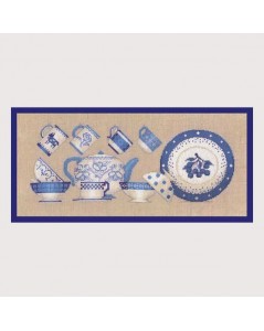 Blue tableware. Counted cross stitch kit on linen. Le Bonheur des Dames 1081