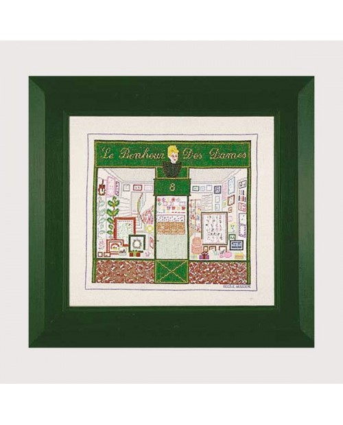 Counted cross stitch embroidery picture. Motif: The boutique of Le Bonheur des Dames. 1115