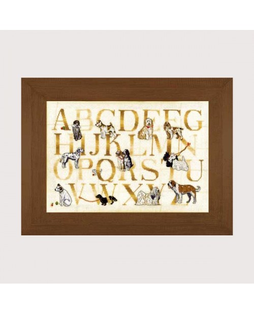 Dogs sampler embroidered in counted cross stitch, petit point on ivory linen. Le Bonheur des Dames 1288