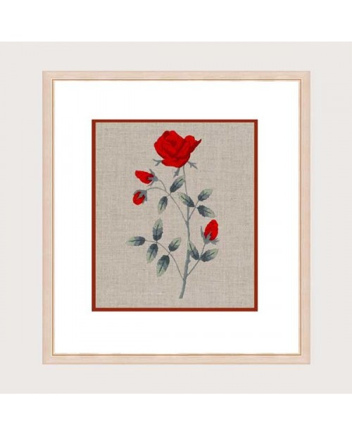 Roses rouges. Tableau brodé sur toile de lin bis. Dessin imprimé sur le tissu. Le Bonheur des Dames 1516