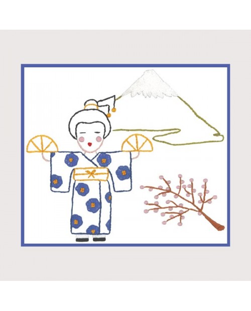 Japonaise et volcan. Broderie traditionnelle sur lin. Dessin imprimé sur le tissu. Le Bonheur des Dames. 1521