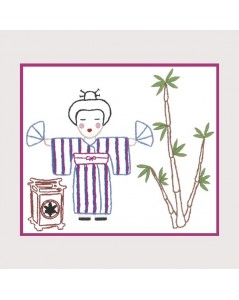 Japonaise et bambou. Kit broderie traditionnelle, imprimé sur le tissu. Le Bonheur des Dames 1522
