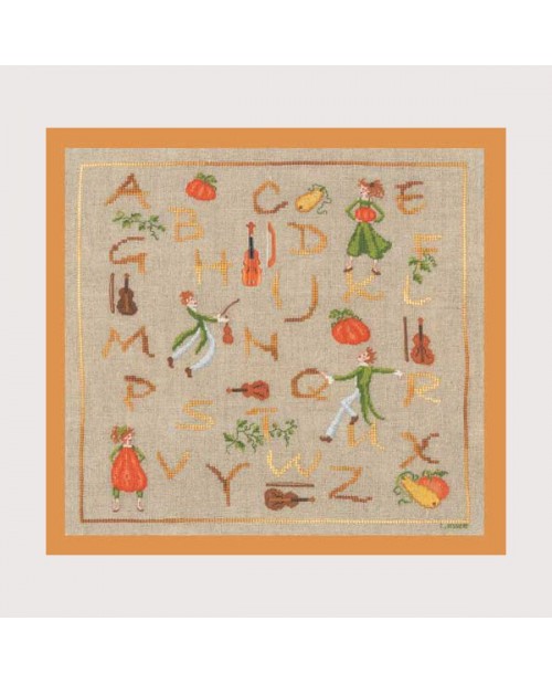 Counted cross stitch embroidery kit. Alphabet with pumpkins and violins. Cécile Vessière for Le Bonheur des Dames 1877