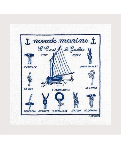 Sea knots and a yacht. Blue monochrome embroidery. Le Bonheur des Dames 1893