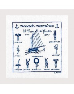 Noeud marins et un bateau. Broderie monochrome en bleu. Le Bonheur des Dames 1893
