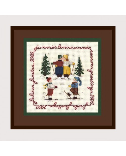 January. Counted cross stitch embroidery kit on Aida fabric. Motive: children skiers. Le Bonheur des Dames 2210