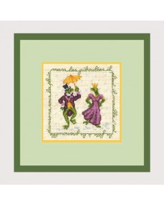Couple of frogs dressed in a costume and a dress with an umbrella. Embroidery kit n° 2242 Le Bonheur des Dames