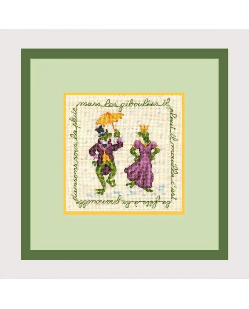 Couple of frogs dressed in a costume and a dress with an umbrella. Embroidery kit n° 2242 Le Bonheur des Dames