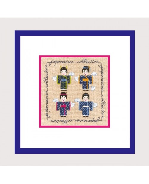 Miniature four Japanese in blue kimono. Counted cross stitch embroidery on Aida fabric. Le Bonheur des Dames 2269