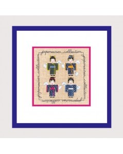 Miniature four Japanese in blue kimono. Counted cross stitch embroidery on Aida fabric. Le Bonheur des Dames 2269