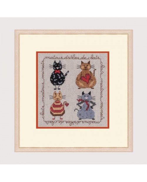 Miniature Cat Collection. Counted cross stitch embroidery on linen Aïda fabric. Le Bonheur des Dames 2271