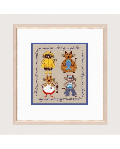 fours cats dressed as seamen embrodiered by cross stitch
