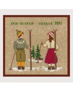 Deux skieurs, garçon et fille avec les skis. Broderie point de croix, point compté. Le Bonheur des Dames. Référence 2328