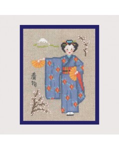 Broderie point de croix sur toile Aïda. Japonaise en kimono bleu. Le Bonheur des Dames 2332