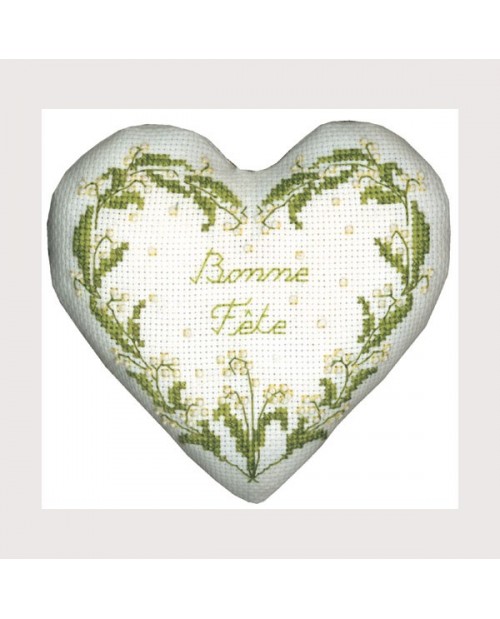 Happy holiday. Heart embroidered in cross stitch. Motif: lily of the valley. Le Bonheur des Dames 2712