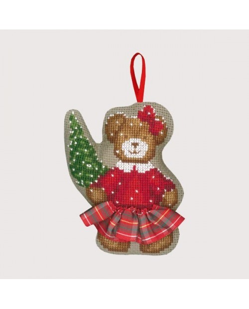Bear in a tartan skirt with a little Christmas tree. Counted cross stitch embroidery kit. Le Bonheur des Dames. Item n° 2736