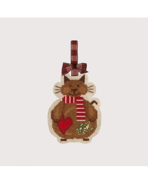 Christmas Cat with a Scarf and a heart. Counted cross stitch kit on an evenweave linen. Le Bonheur des Dames 2738