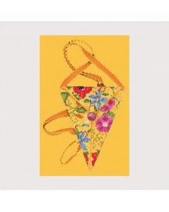 Yellow triangular Scissor Case embroidered by cross stitch. Motif: flowers. Le Bonheur des Dames 3356