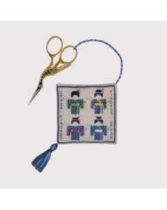 Porte-ciseaux Japonaises: coussin brodé attaché au paire de ciseaux. Kit point de croix Le Bonheur des Dames 3360