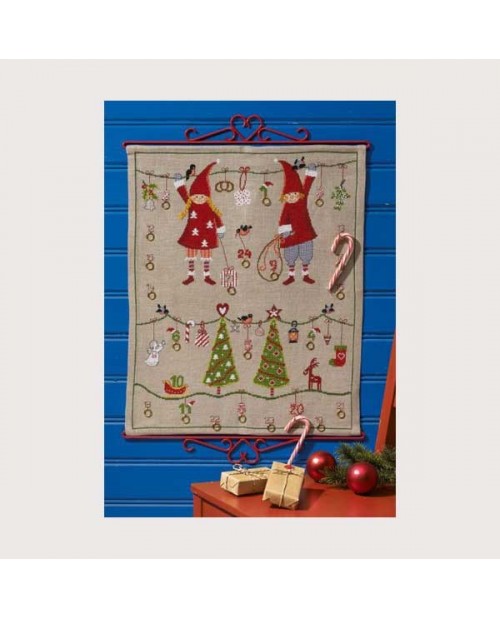 Advent calendar with gnomes to stitch by cross stitch. Embroidery kit. Permin of Copenhagen. 342260