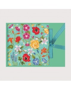 Turquoise sewing pouch embroidered by cross stitch. Motif: flowers. Le Bonheur des Dames 3504