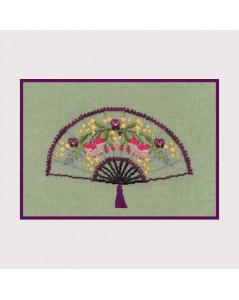 Fan embroidered by petit point on green even-weave linen. Motif: flowers fuchsias. Le Bonheur des Dames 3642