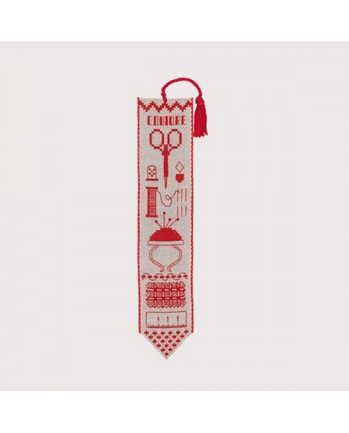 Bookmark to cross stitch on a natural linen band with red thread. Motive: sewing accessories. 4563 Le Bonheur des Dames