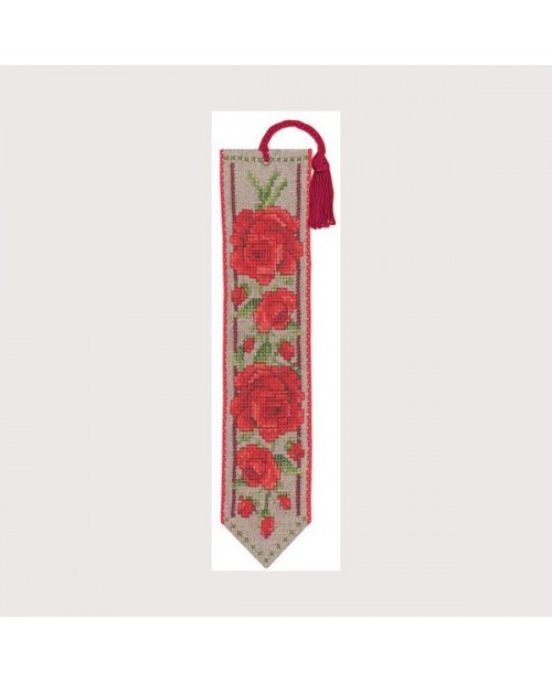 Bookmark Red Roses to stitch by cross stitch on natural linen band with red hem. Le Bonheur des Dames 4566