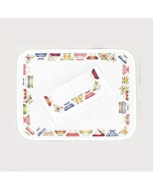 Place mat and pochette for napkins. White cotton Aida. Motive to embroider by cross stitch: bowls. Le Bonheur des Dames 5043