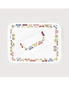 Place mat and pochette for napkins. White cotton Aida. Motive to embroider by cross stitch: bowls. Le Bonheur des Dames 5043