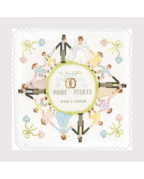 Coussin de mariage en Aida de coton brodé. Motif: farandole des invités. Kit broderie point de croix. Le Bonheur des Dames 5044 Coussin de mariage en Aida de coton brodé. Motif: farandole des invités. Kit broderie point de croix. Le Bonheur des Dames 5044