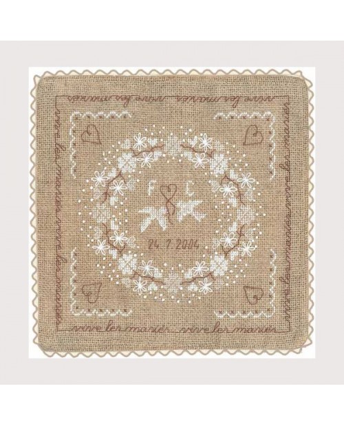 Coussin de mariage en Aida de lin naturel brodé avec du fil blanc. Motif: colombes et fleurs. Le Bonheur des Dames 5045 Coussin de mariage en Aida de lin naturel brodé avec du fil blanc. Motif: colombes et fleurs. Le Bonheur des Dames 5045