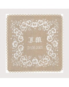 Wedding cushion made of linen Aida  stitched with white threads. Le Bonheur des Dames 5049