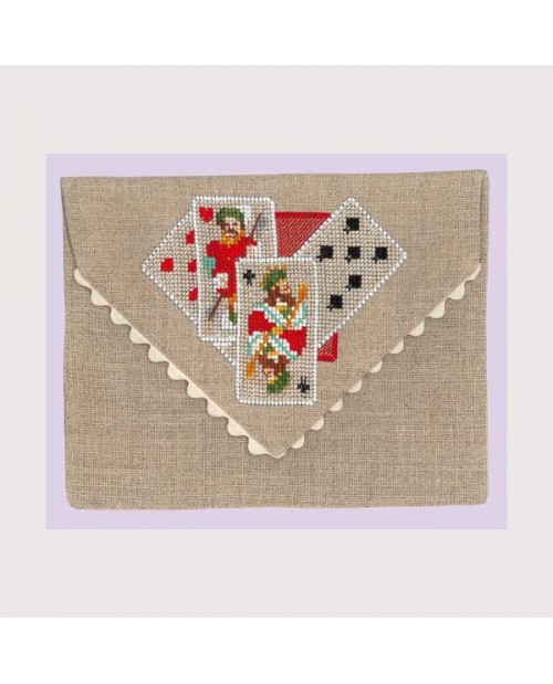 Linen envelope like pochette to embroider by cross stitch. Motive: game cards. Le Bonheur des Dames 5064. Linen envelope like pochette to embroider by cross stitch. Motive: game cards. Le Bonheur des Dames 5064.