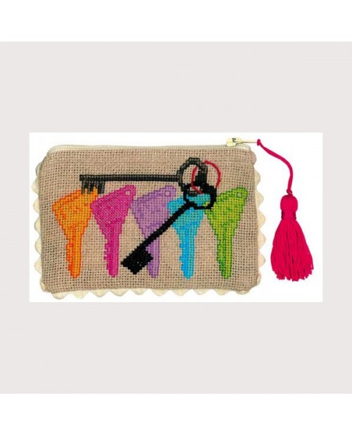 Linen Aida pochette to embroider by counted cross stitch. Motive: coloured keys.