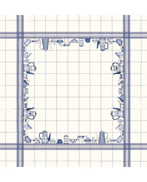 White linen tablecloth with marine blue dishes motive White linen tablecloth with marine blue dishes motive