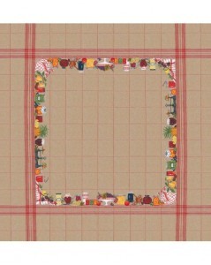 Tablecloth with jams and fruits on natural linen with red check. Le Bonheur des Dames.