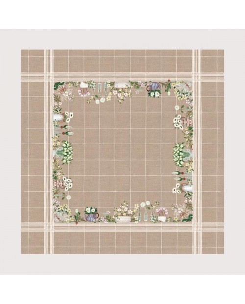 Nappe à broder aux fleurs blanches. Décembre en fleurs. Kit broderie point de croix. Le Bonheur des Dames.
