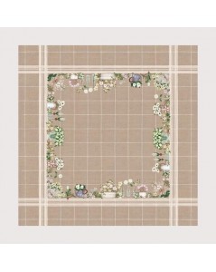 Nappe à broder aux fleurs blanches. Décembre en fleurs. Kit broderie point de croix. Le Bonheur des Dames.