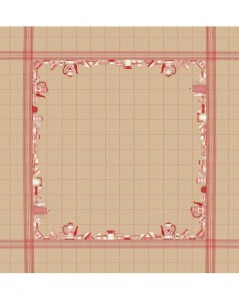 Tablecloth with red dishes motive on natural linen