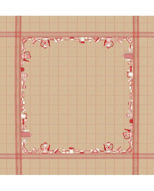 Tablecloth with red dishes motive on natural linen Tablecloth with red dishes motive on natural linen