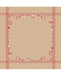 Tablecloth with red dishes motive on natural linen