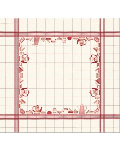 Tablecloth with red dishes motive on white linen