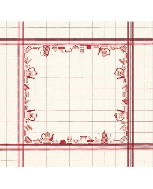 Tablecloth with red dishes motive on white linen Tablecloth with red dishes motive on white linen
