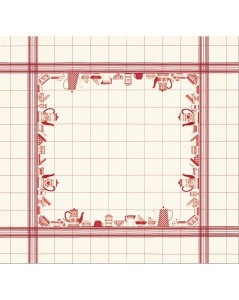 Tablecloth with red dishes motive on white linen