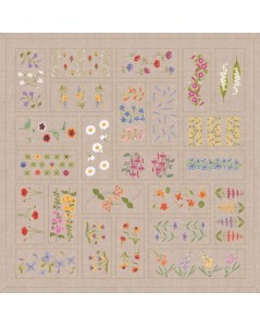 Flower patchwork tablecloth, natural linen. Counted cross stitch embroidery kit. Le Bonheur des Dames 6030bis
