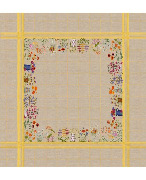 Nappe Fleurs de pots.  Brodée au point de croix sur toile de lin avec quadrillage jaune.