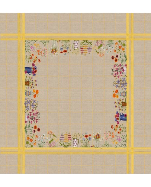 Tablecloth with flower pots motive and yellow stripes. Counted cross stitch embroidery. Le Bonheur des Dames